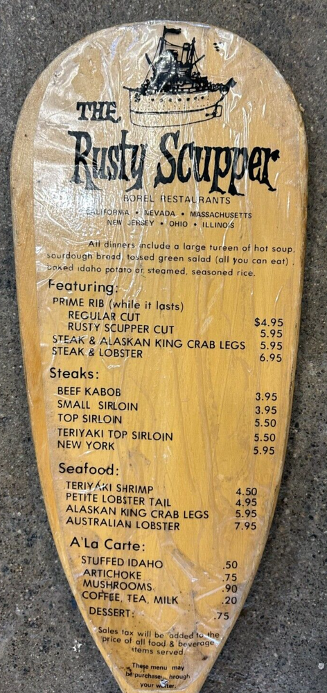1970's Rusty Scupper Restaurant Wooden Oar Menu
