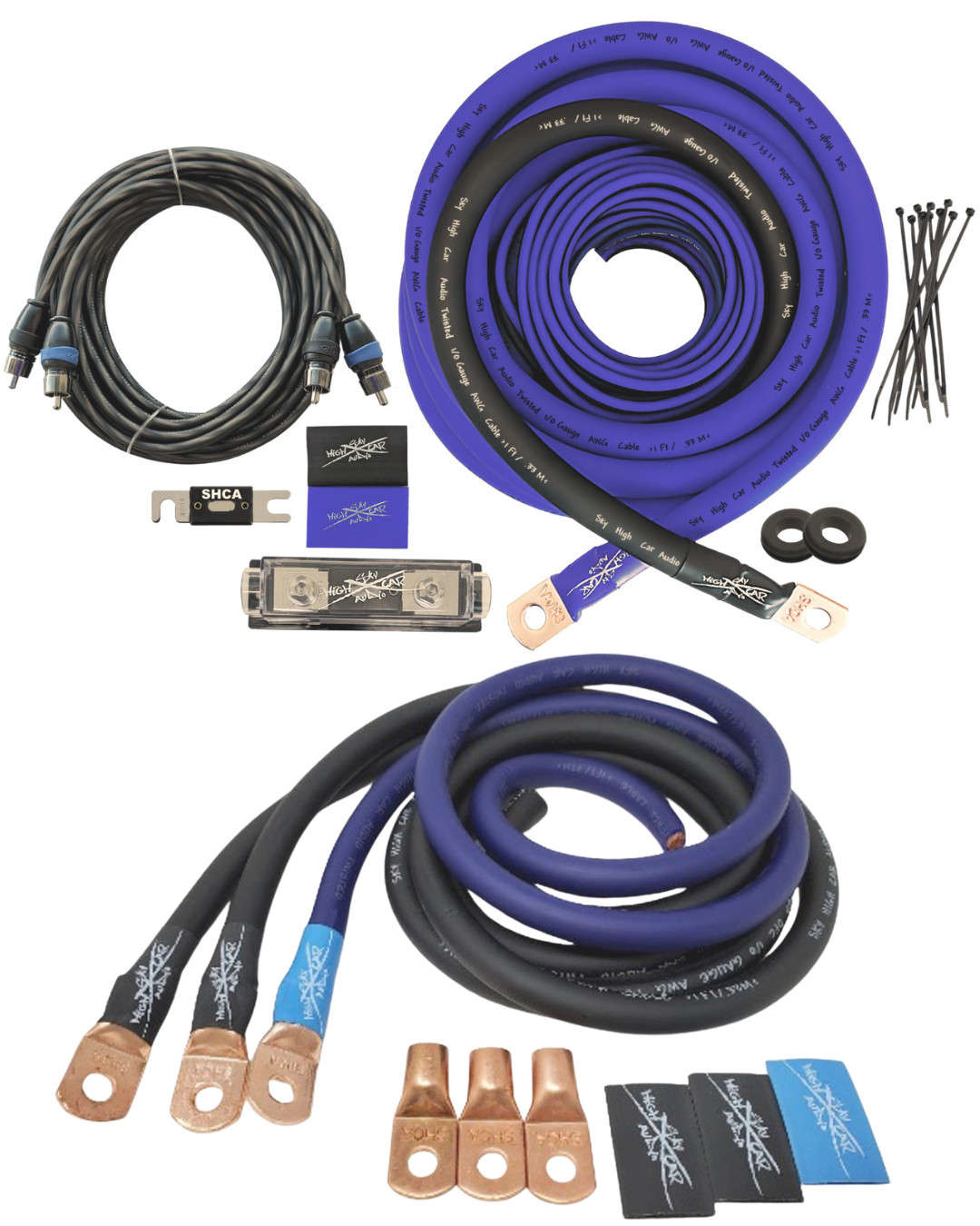 OFC 1/0 Ga AWG Amp Kit 1/0 GA Big 3 Upgrade Blue Black Sky High Car Audio BUNDL