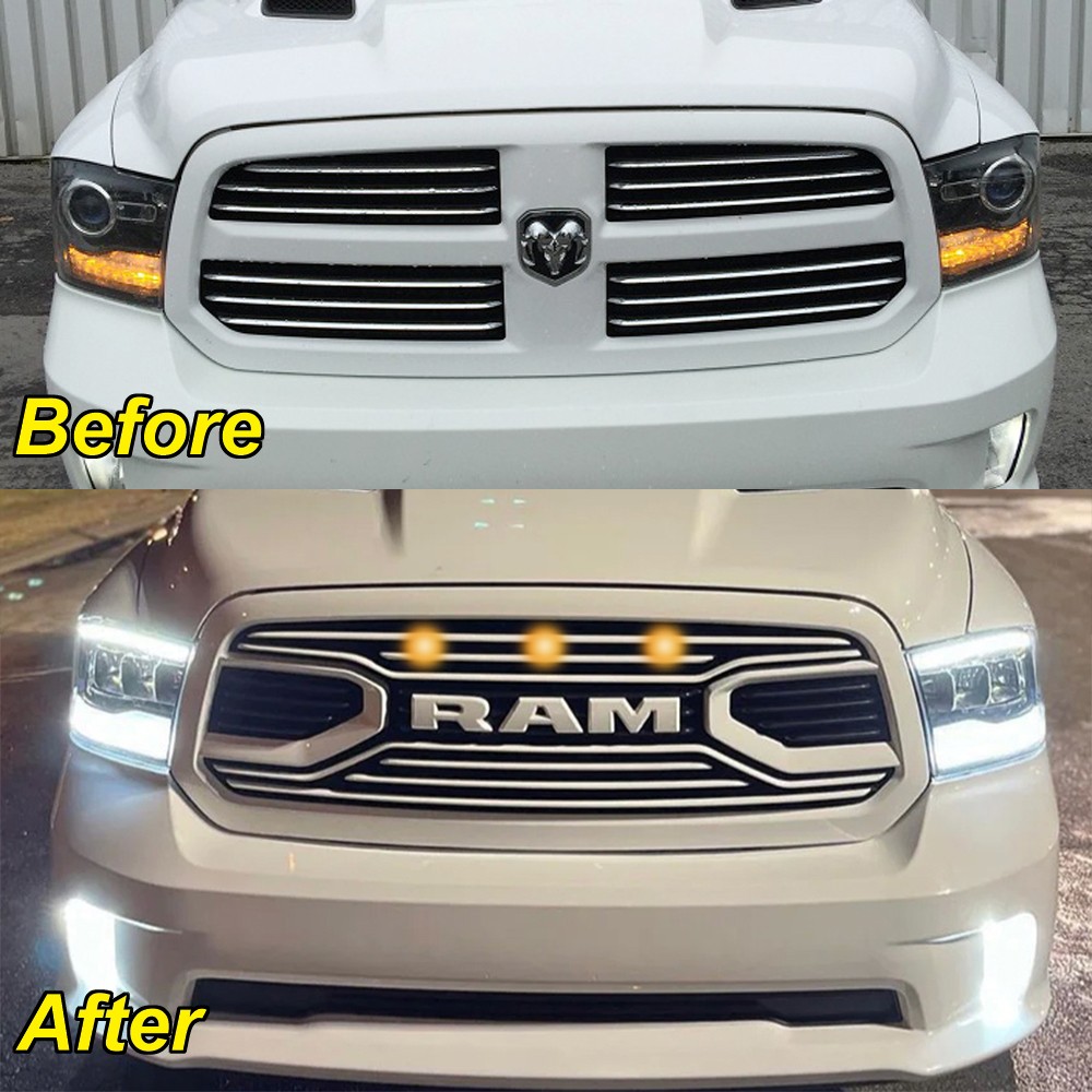 Front Grille For 2013-2018 Dodge Ram 1500 Upper Grill Matte Black W/Letter W/LED