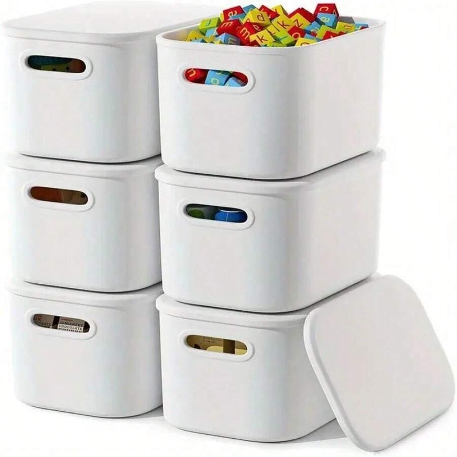 6pc Ivory Stackable Plastic Storage Baskets with Lids