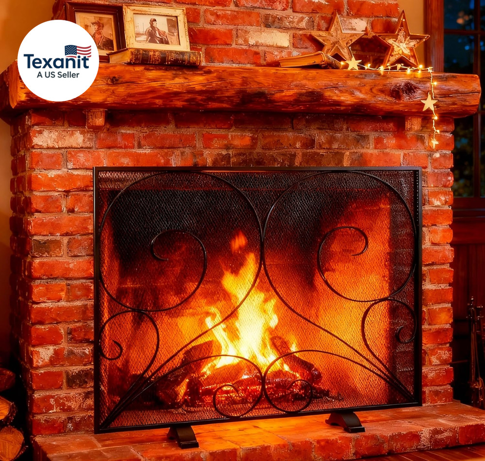 Single Panel Fireplace Screen Handcrafted Solid Wrought Iron Mesh, Heat-Resistan