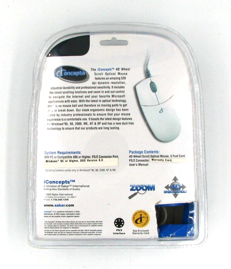 iConcepts PC 4D Wheel Scroll Mouse PS/2 Interface