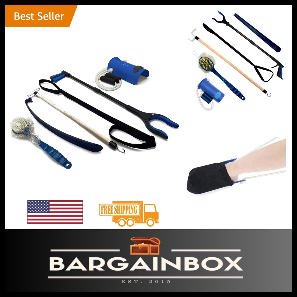 6PC Hip Replacement Kit with 32" Grabber Tool, Sock Aide & Dressing Stick - Blue