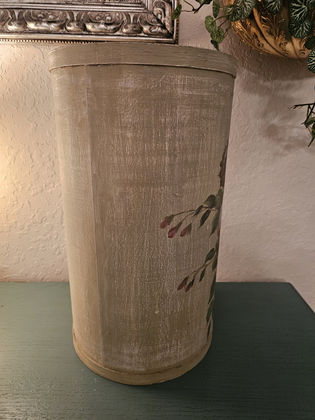 Vintage Wooden Umbrella Stand W/Painted Floral Design, 16.5" Tall-Very Good