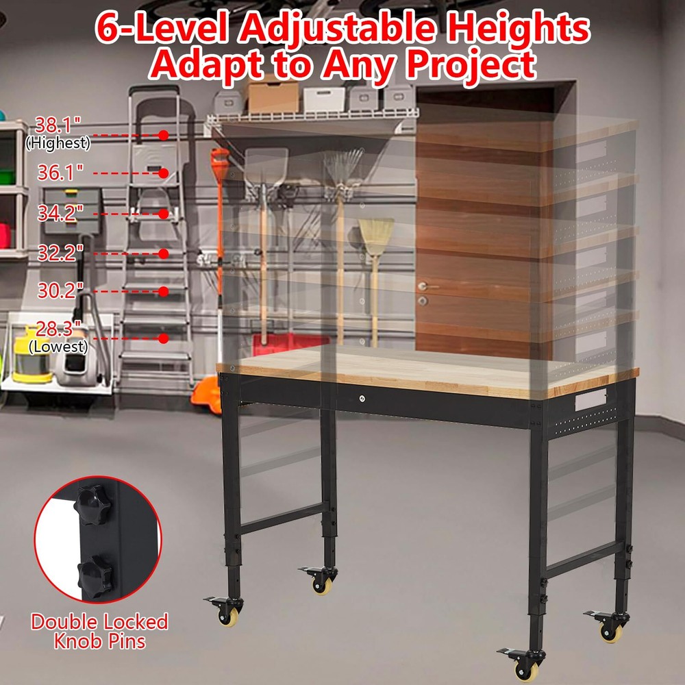 🔥48" Adjustable Workbench Heavy Duty Workstation 2000 LBS Load Capacity Casters