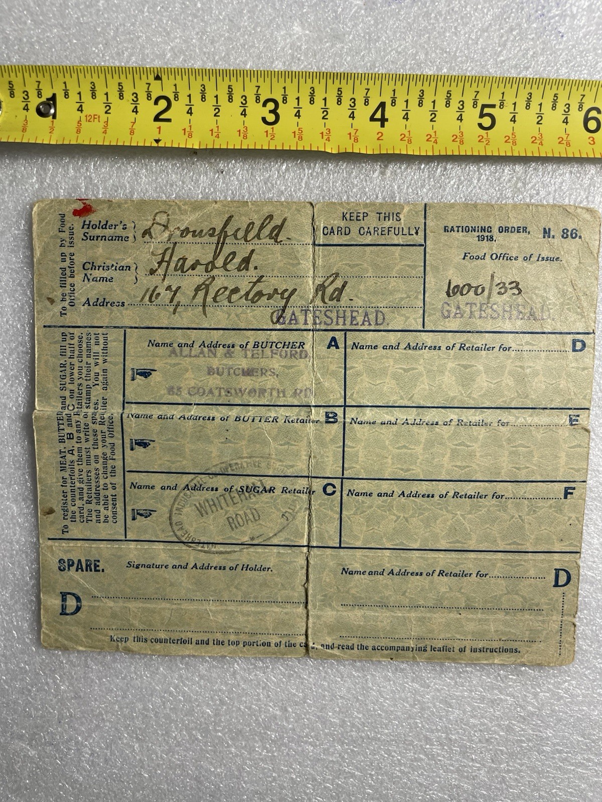 World War 1 - British Ration Card (1918)