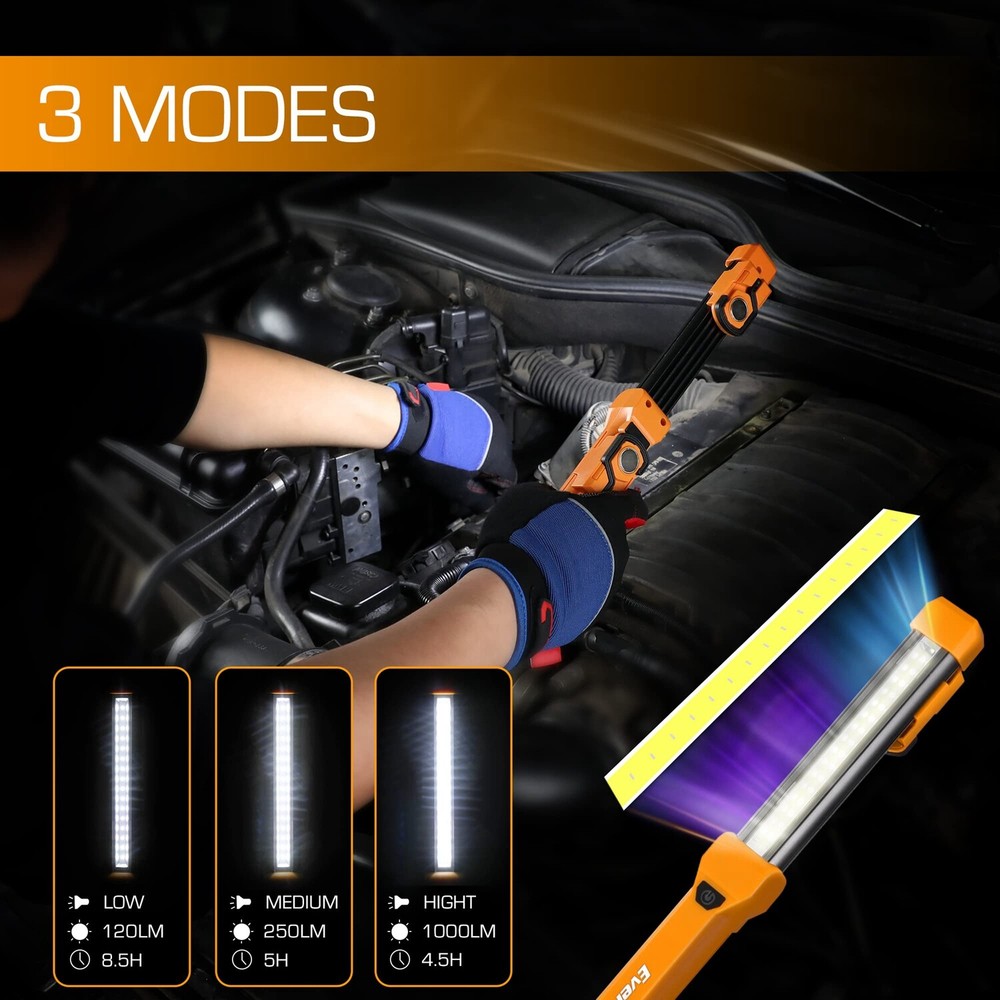 EverBrite 1000LM LED Work Light 4 Modes Rechargeable Work Light w/USB C Cable US