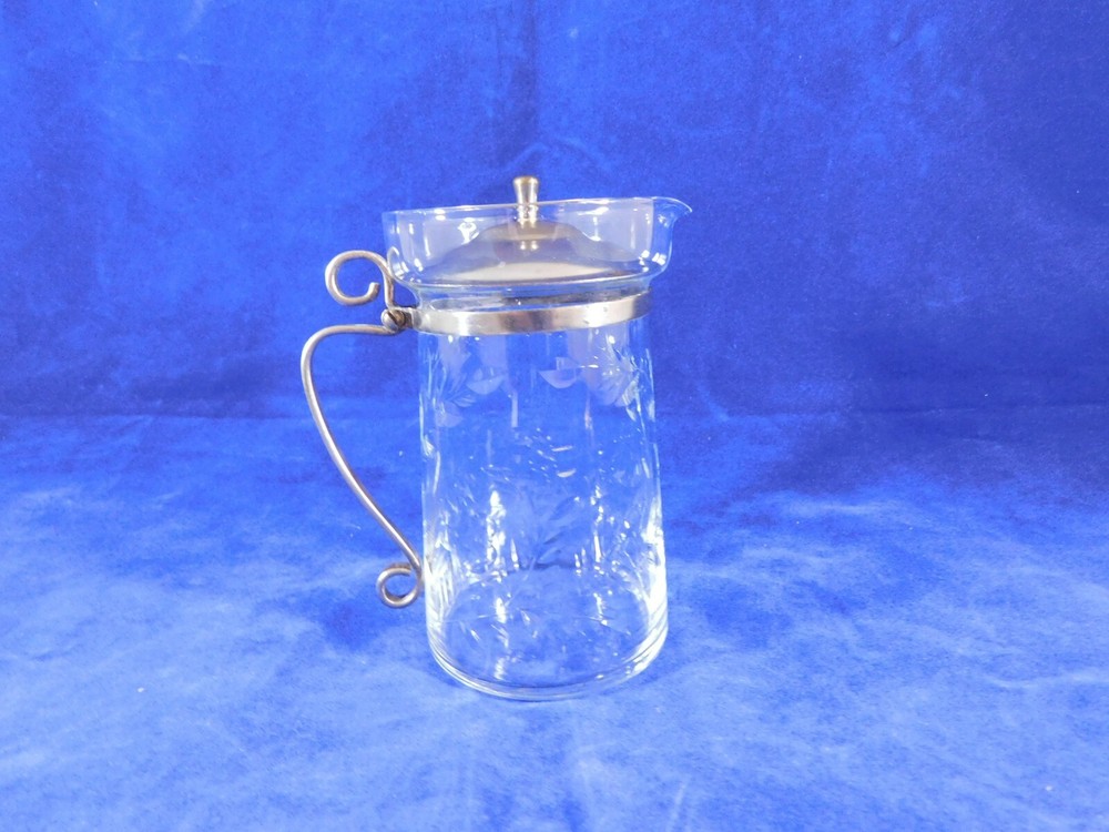 Vintage Crystal Etched Syrup Pitcher Silver Hand Made Handle