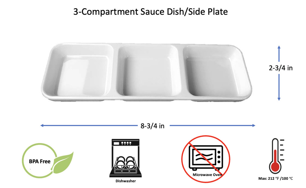 Rectangular 3-Compartment Divided Sauce Plate Dish Condiments Seasoning Melamine