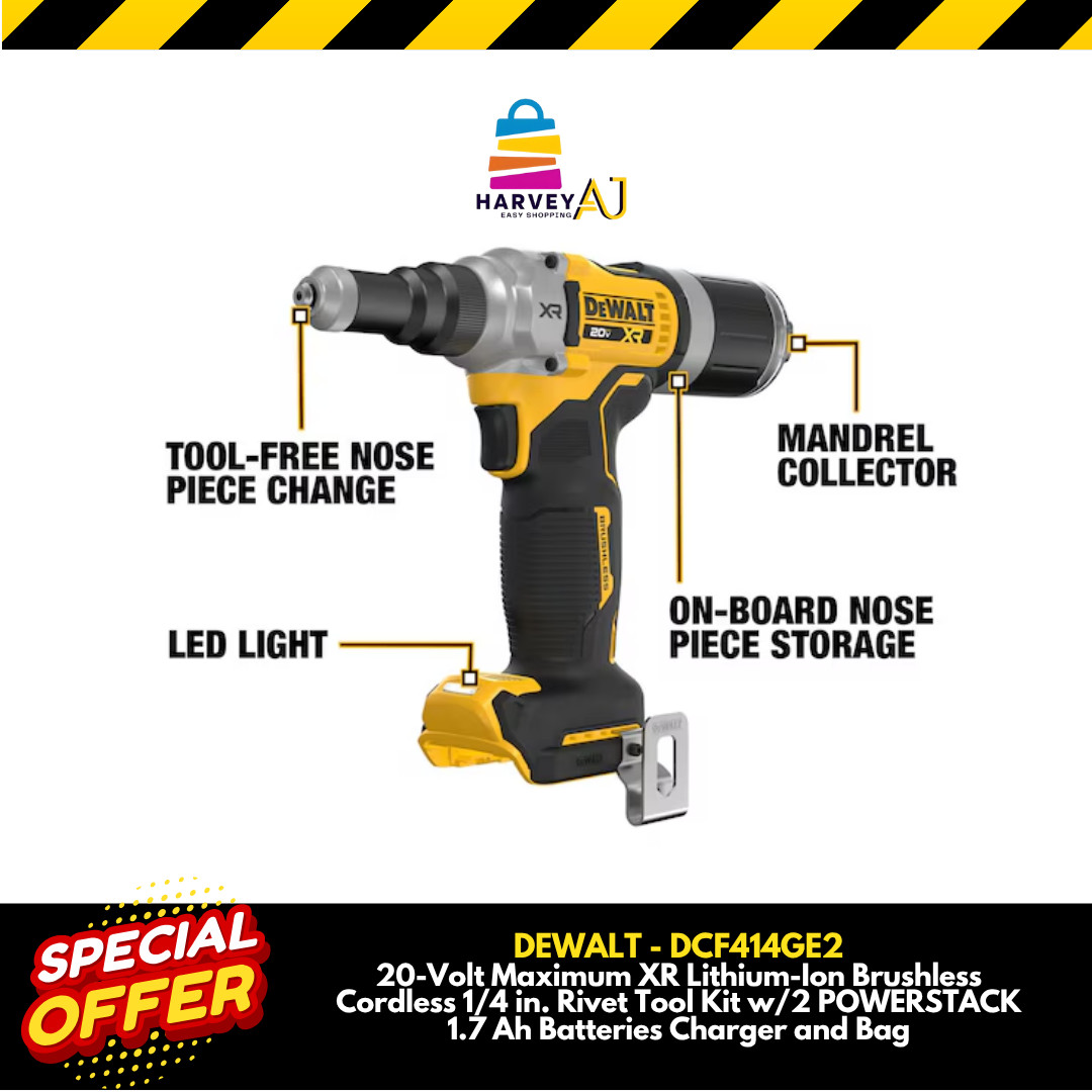 DEWALT DCF414GE2 20V MAX XR BL 1/4" Rivet Tool w/ 2 POWERSTACK Batts, 1.7 Ah Kit