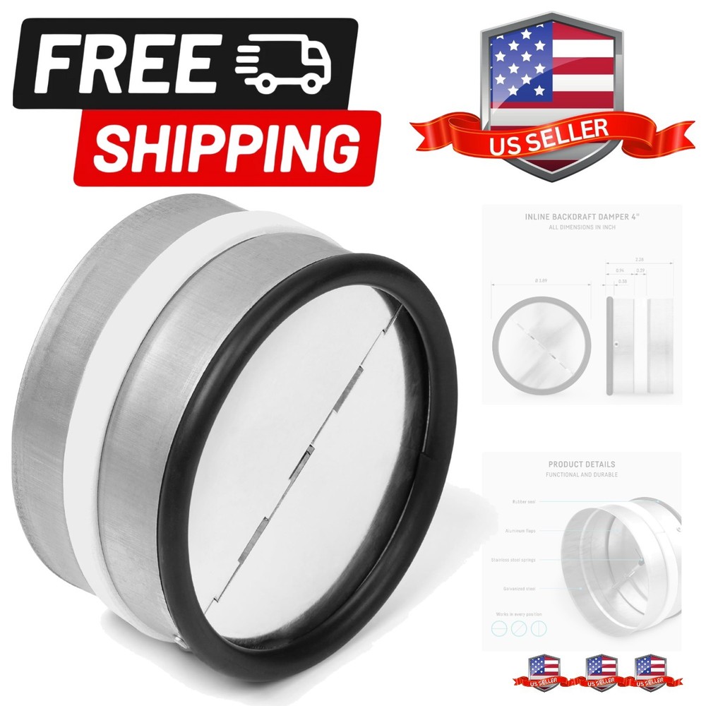 RKI 4" Inline Backdraft Damper – One-Way Airflow Check Valve for Ducting – Sp...