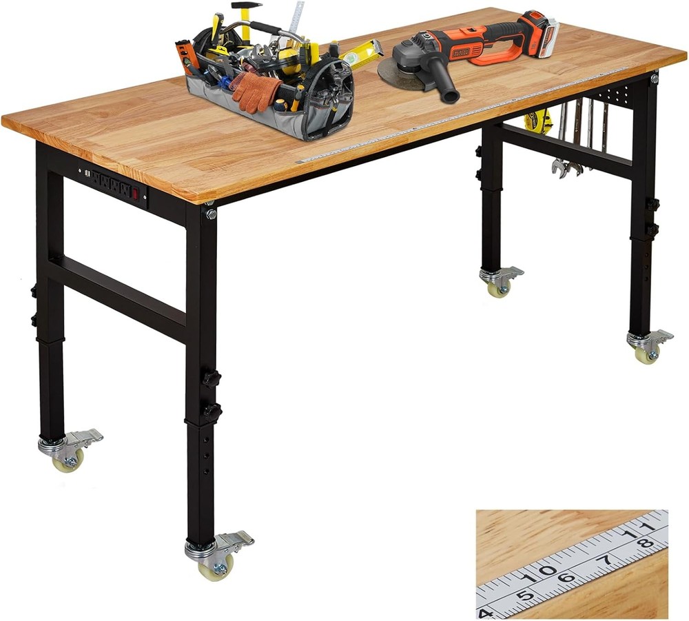 48" Adjustable Workbench Rolling Heavy-Duty Work Table w/ Wheels & Power Outlet