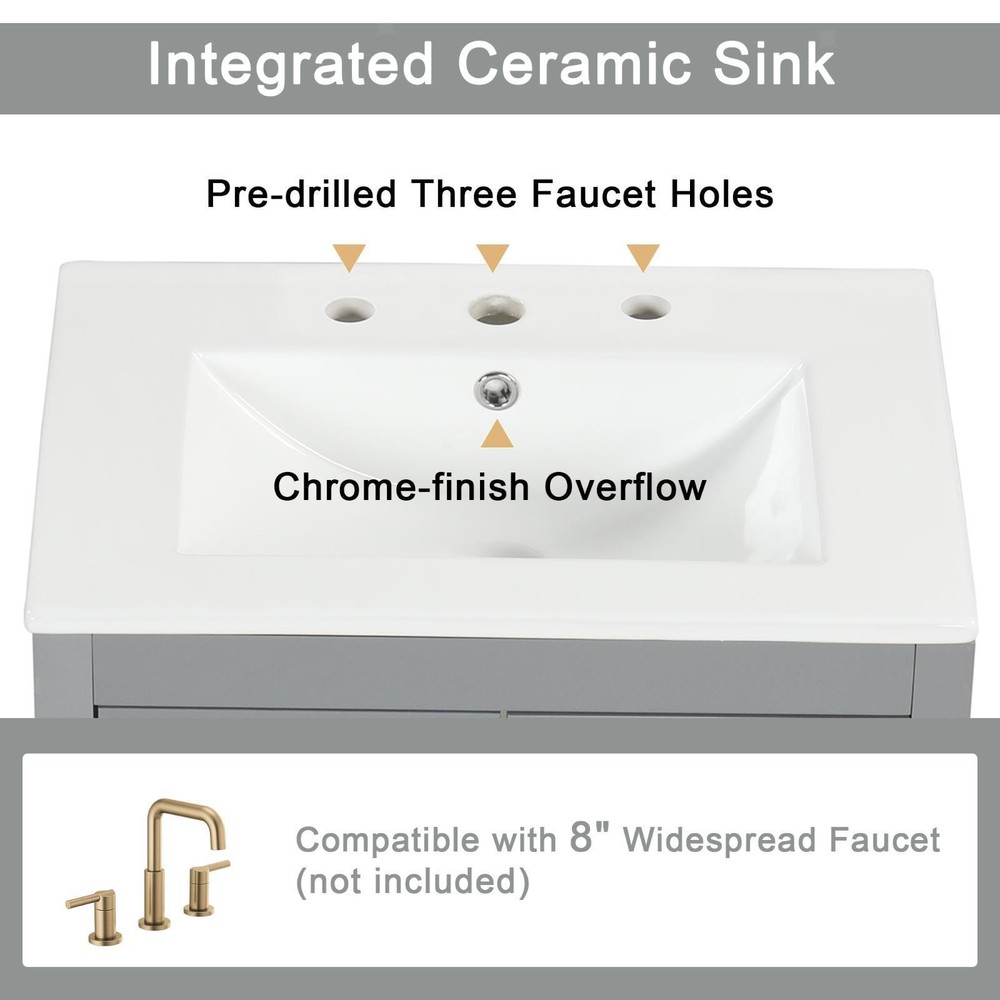 Grey 24" Bathroom Vanity with Solid Wood Frame, Smooth Ceramic Basin, Adjustable