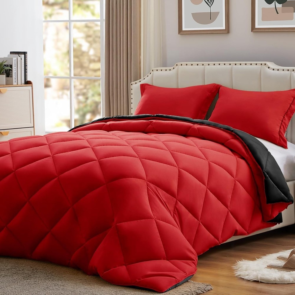 King Size Comforter Set Black&Red, 3 Pieces Lightweight Reversible Comforter ...