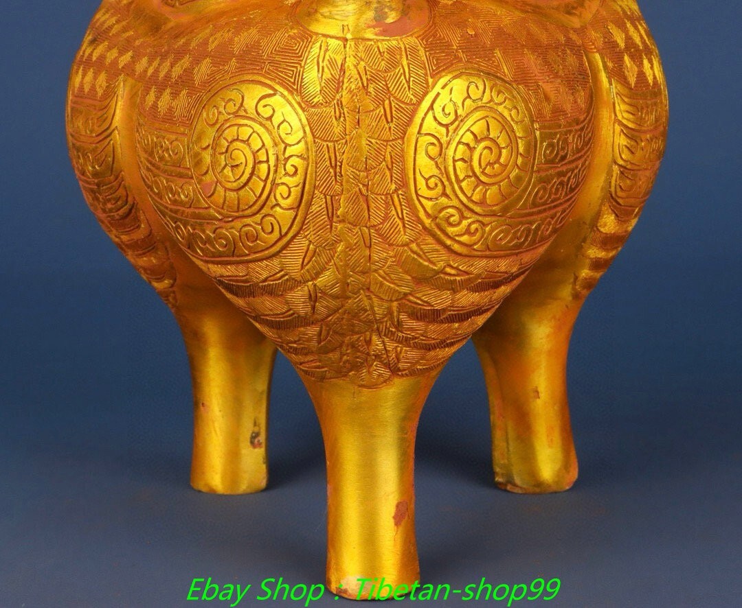 11.8''Old Dynasty Bronze Ware Gilt Inscription 3 Bird Incense Burner Censer