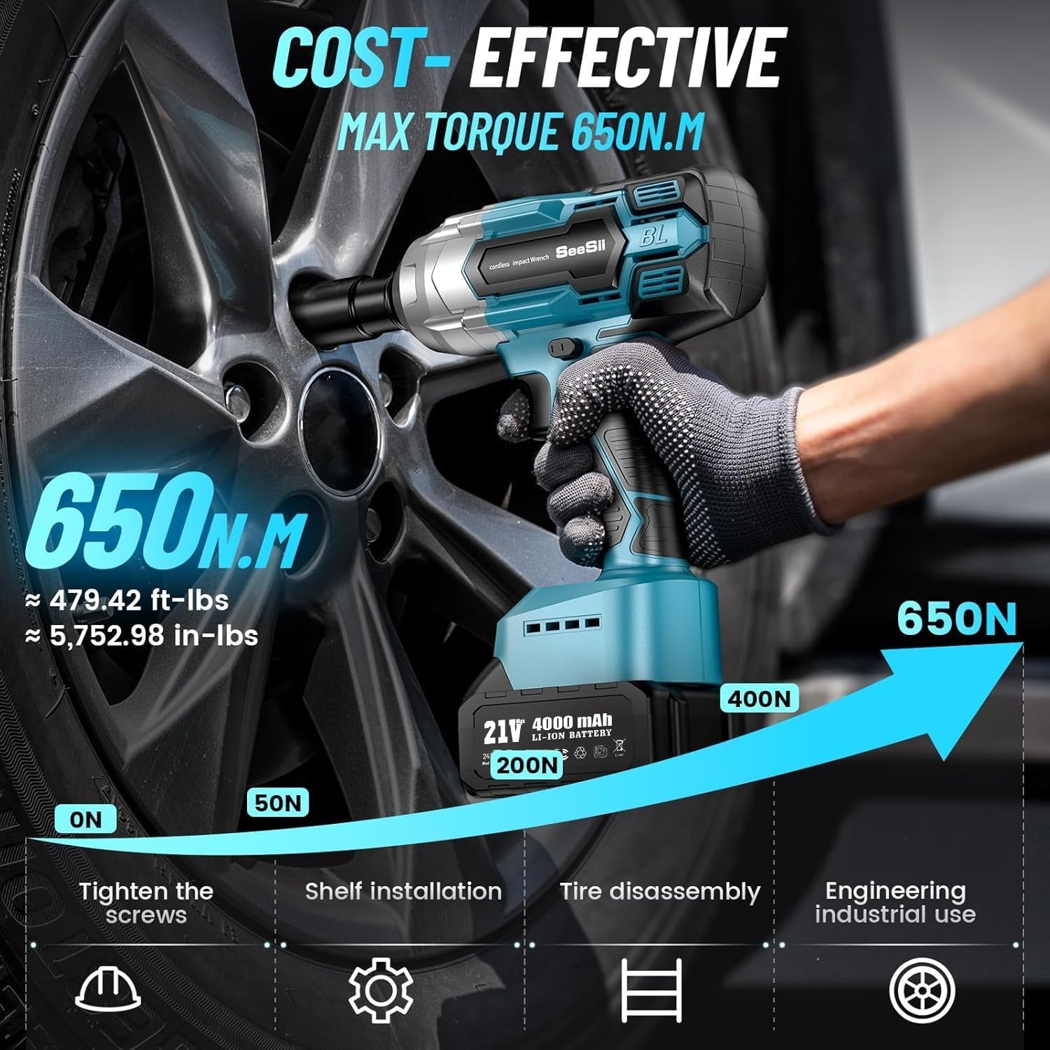 Seesii Cordless Impact Wrench 1/2" Torque 479 Ft-lbs(650Nm) Brushless Impact Gun
