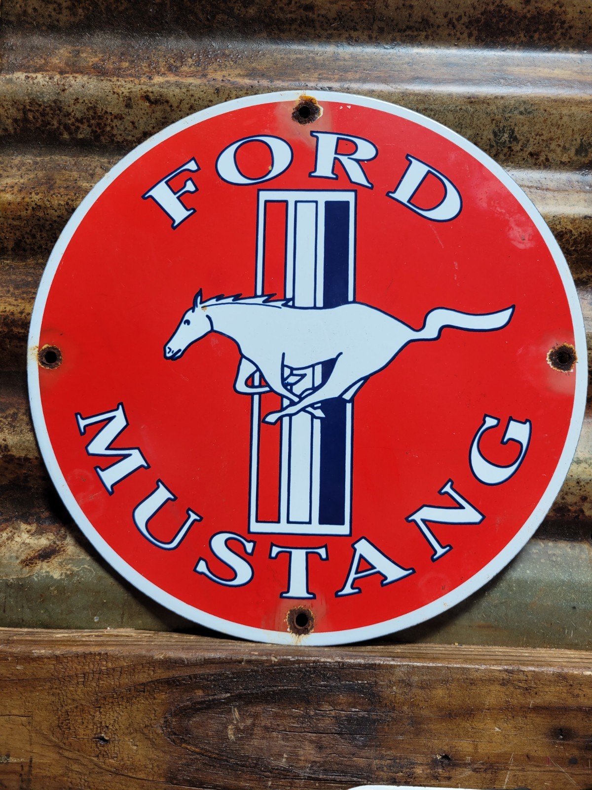 VINTAGE FORD MUSTANG PORCELAIN SIGN OLD FOMOCO MOTOR SERVICE AUTO PARTS HORSE