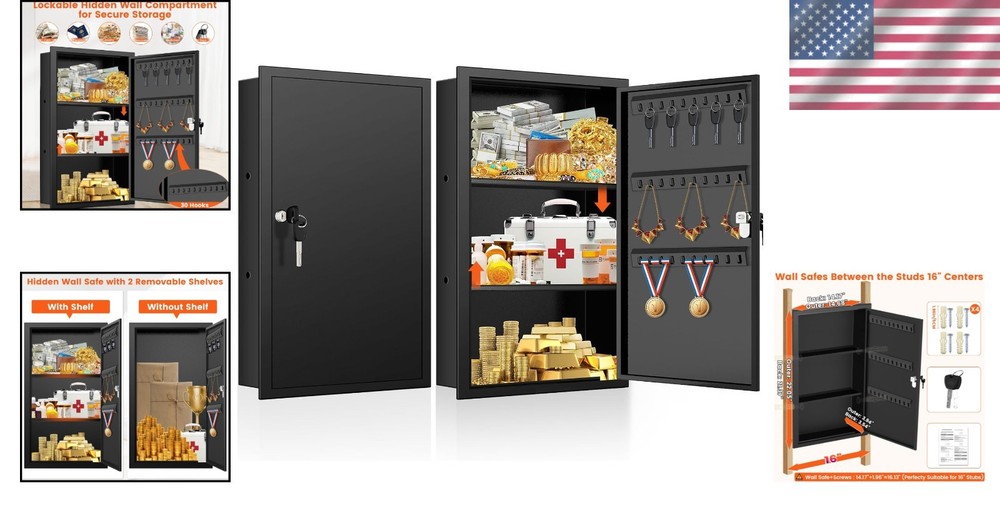 22" In Wall Safe Between Studs Lockable w/ Shelf & Key Hooks Home Security Box