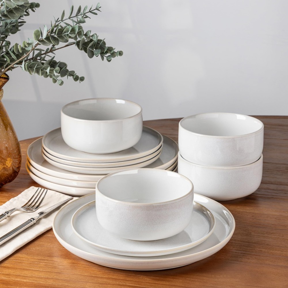 TheTerra Ceramic Dinnerware Sets for 4, 12 Pieces Handmade Reactive Glaze Pla...