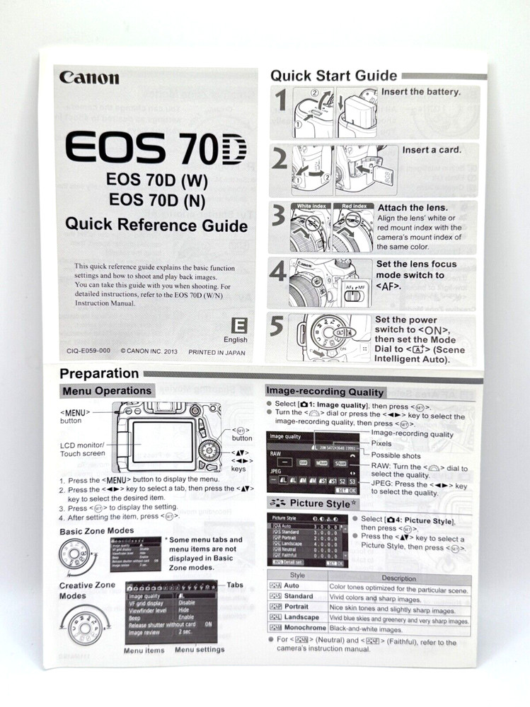 MINT 2014 Canon EOS 70D Instruction Owners Manual EOS 70D Book Inserts