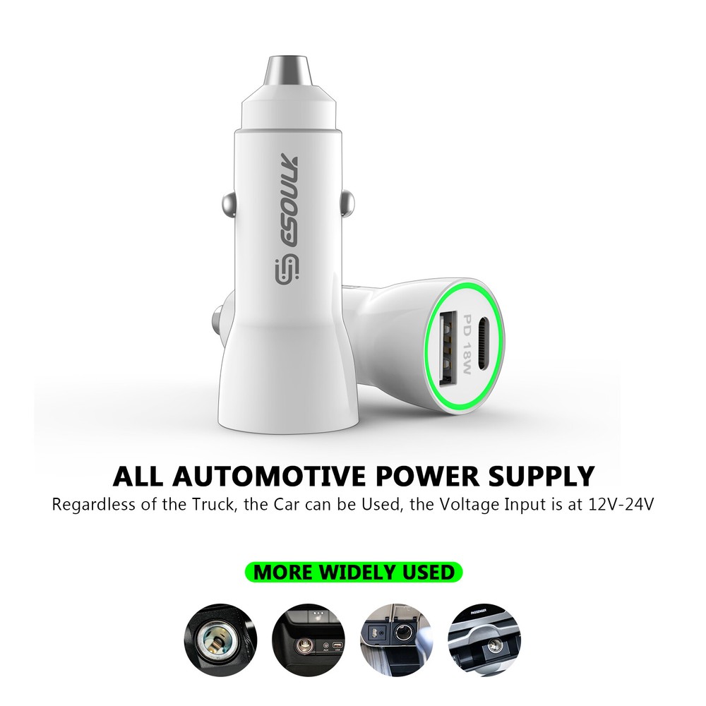 18W PD & USB-A Car Adapater In White
