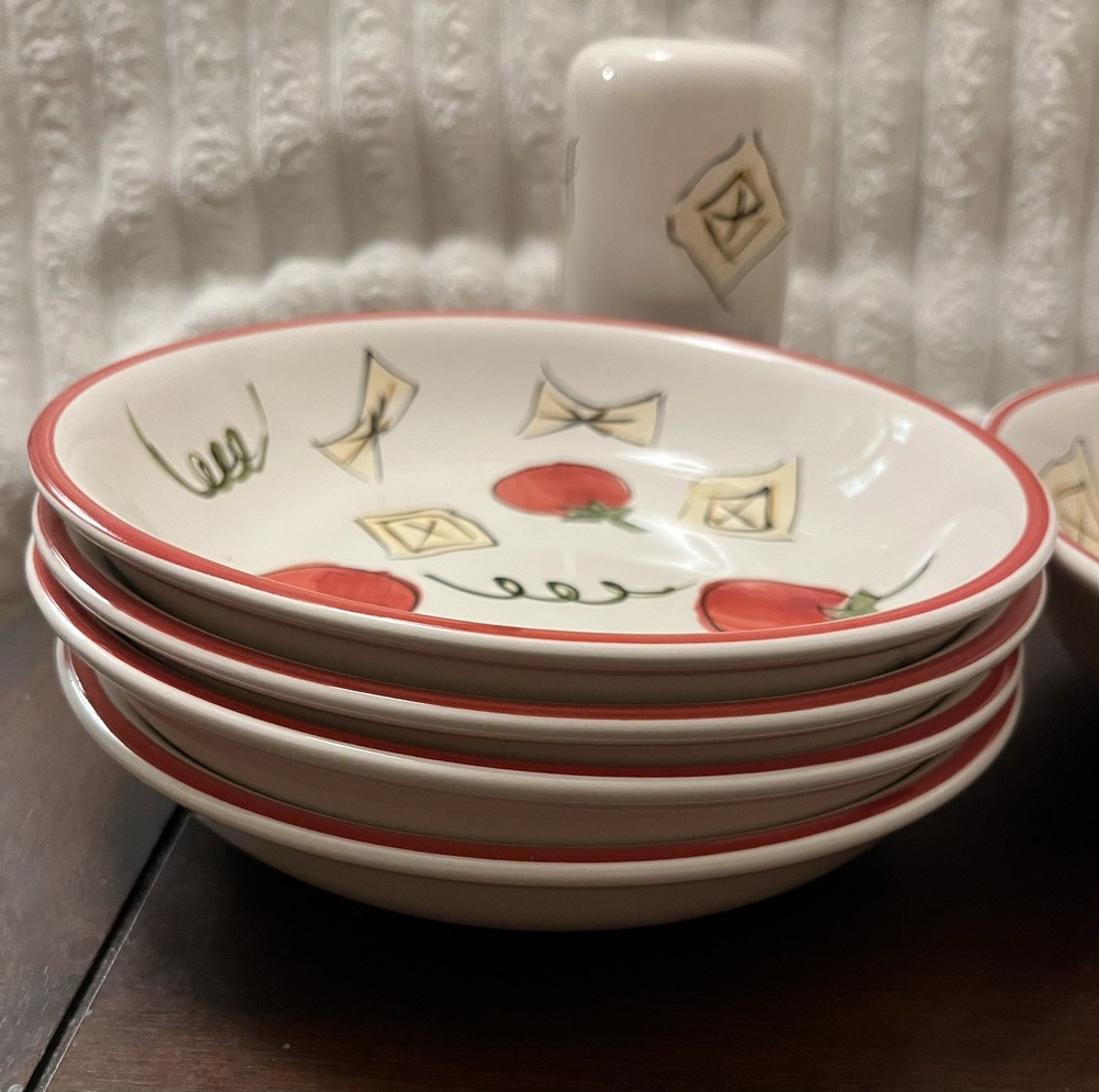 Everything Kitchen Ceramic Pasta Dinner Set Tomato & Pasta Pattern Bowls Plates