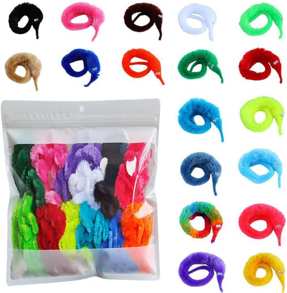 100 Pcs Magic Twisty Worm Wiggly Twisty Fuzzy Worms on a String Magic Worm Toys