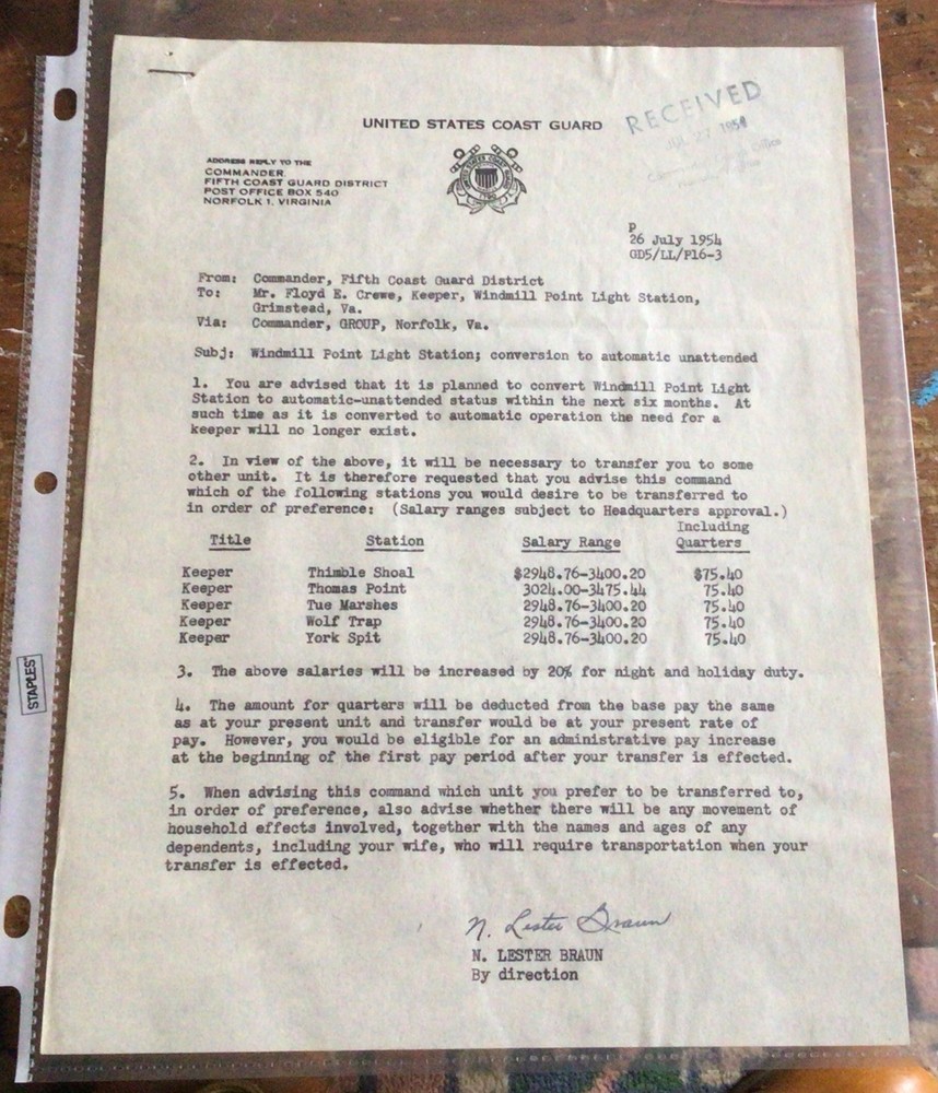 Floyd E Crewe Keeper Windmill Point Virginia Light Station USCG (13) Documents