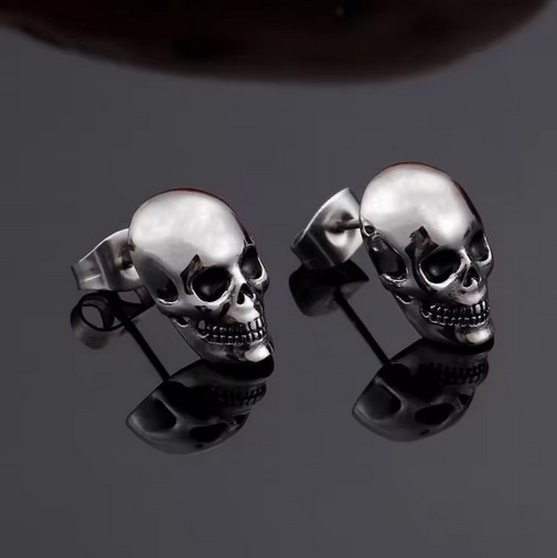Silver Colored Stainless Steel Skull Stud Earrings Punk Goth New