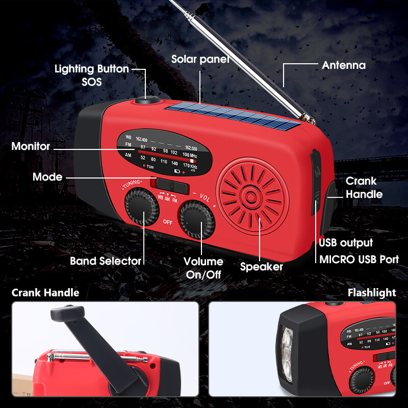 Emergency Solar Hand Crank Weather Radio 3000mAh Power Bank Charger Flash Light
