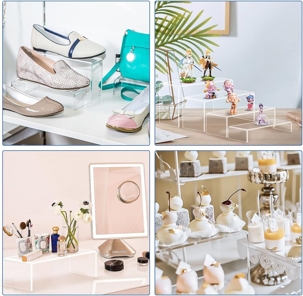 Large Acrylic Risers 8 Pcs 2 Set Display Rectangular Stands Shelf Clear NEW