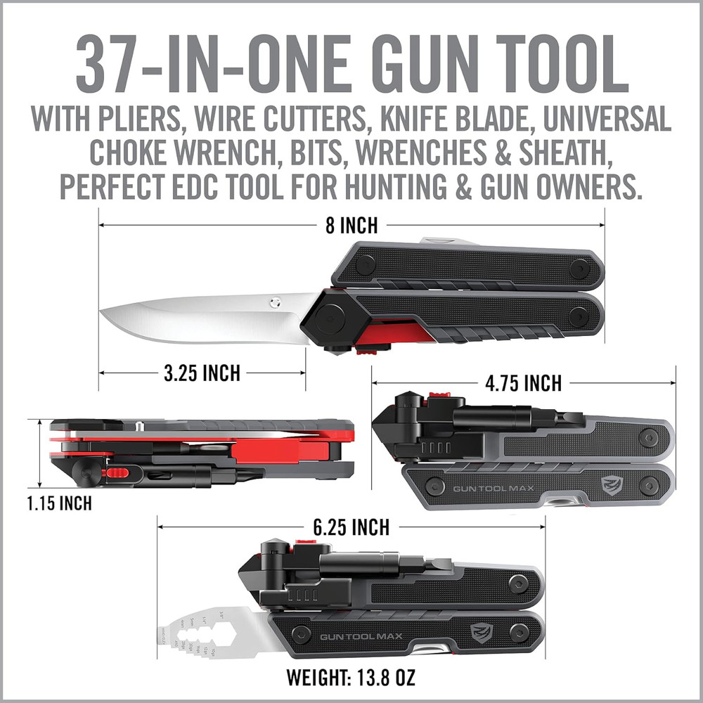 Gun Tool Max, 37-In-1 Multitool for Gunsmithing, Includes Pliers, Wire Cutters,