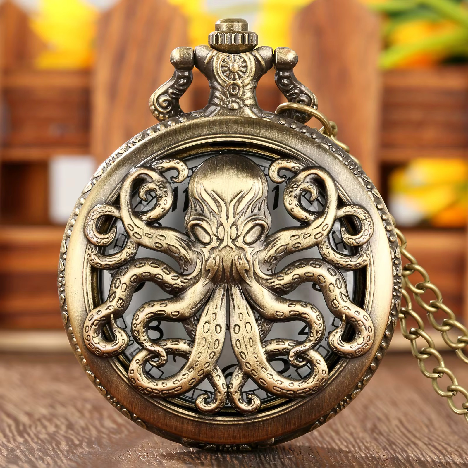 Bronze Octopus Pocket Watch Hunter Case Quartz Vintage Style with Chain