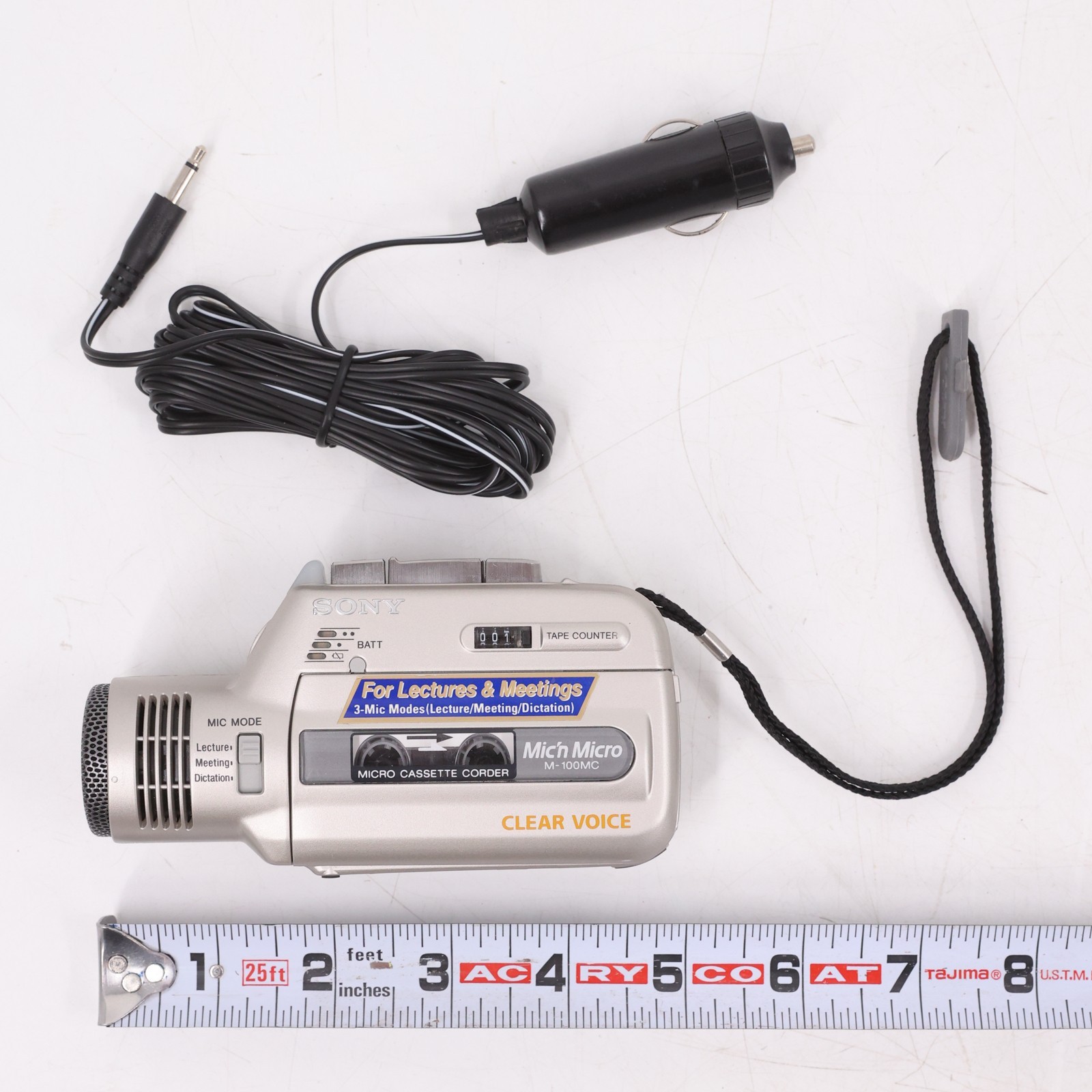 Sony M-100MC Microcassette Corder Voice Recorder Clear Voice Car Power Adapter