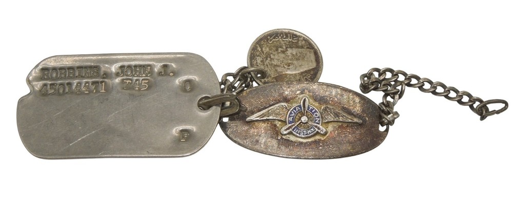 Original WWII US Army AAF Coin 1945 Dog Tag ID STERLING Bracelet Robbins CA7