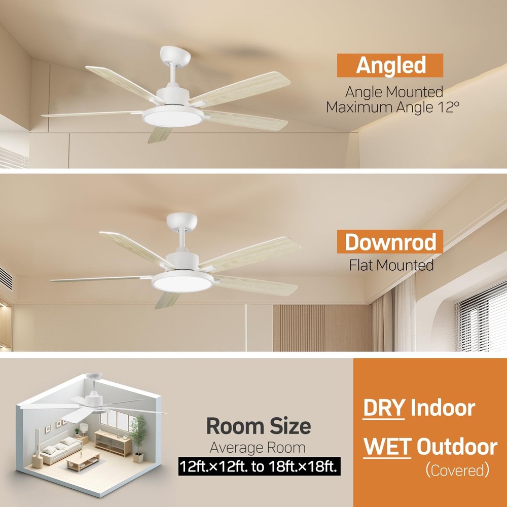 52 Inch White Ceiling Fans with Lights Led Remote Control Flush Mount Low Pro...