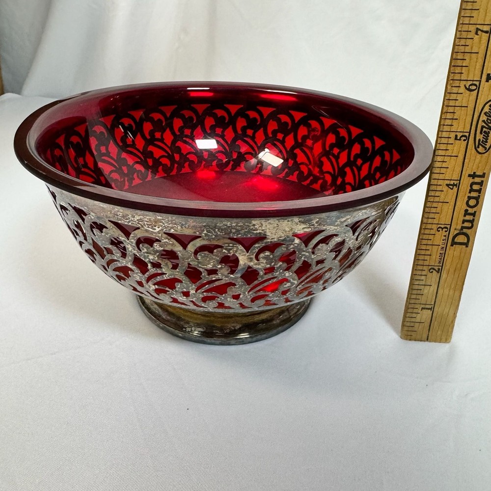 Vintage Ruby Red Plastic Liner Silverplate Pierced Lattice Fruit Bowl
