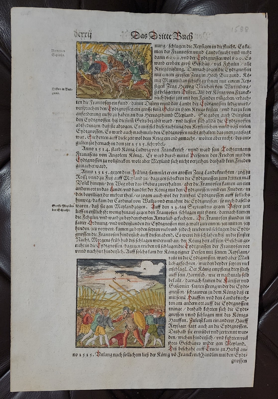 1588 German Manuscript Book Page Hand Colored War Burned At Stake 1500s Ephemera