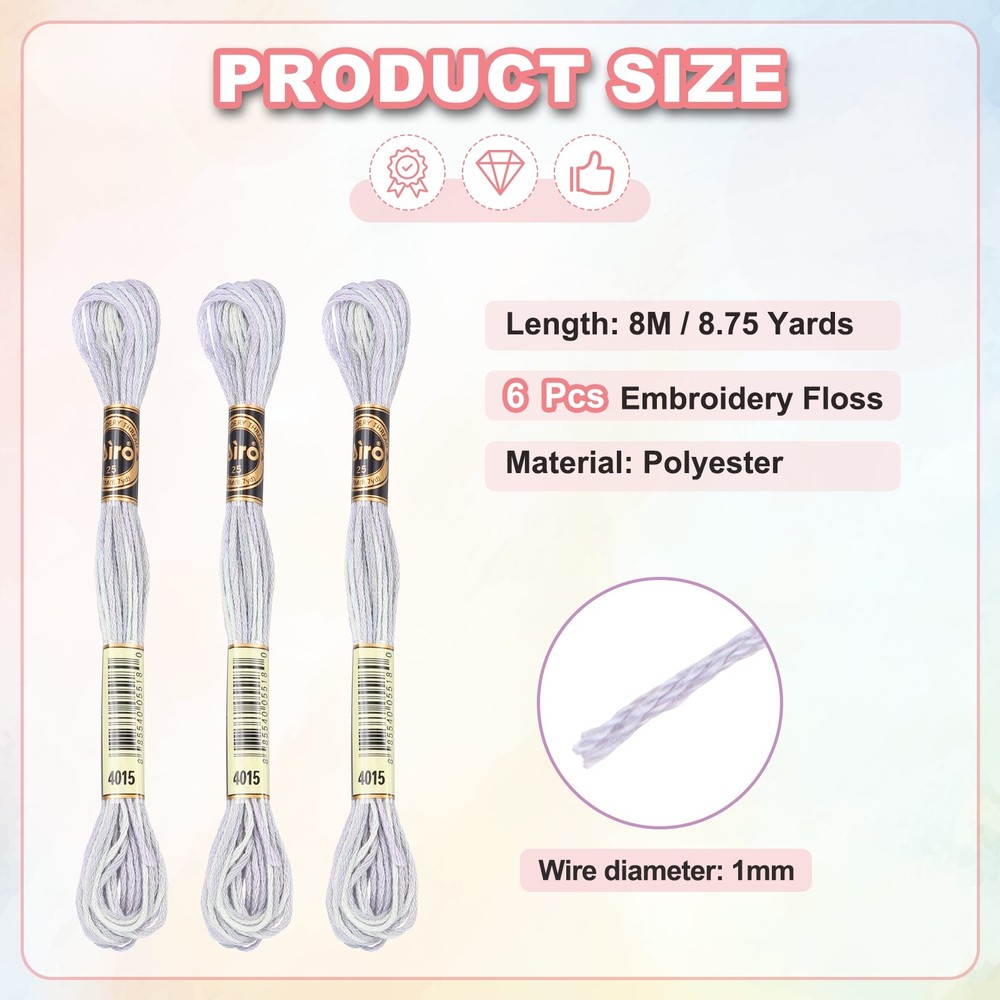 6 Skeins Embroidery Floss, Polyester Embroidery Threads Light Gray