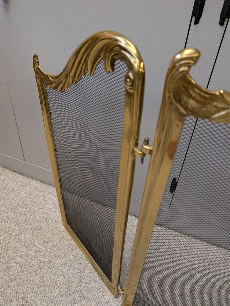 Vtg 3 Panel Fold Brass Shell Rose Fireplace Screen