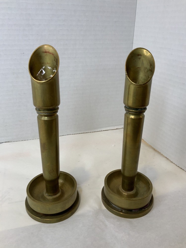 Trench Art Brass Shell Casing Candlestick Pair 6.75” Tall