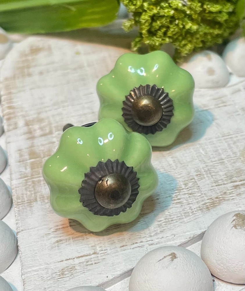 2 Brass 1.25" JADEITE GREEN Kitchen Cabinet Drawer Knobs Depression Caramic