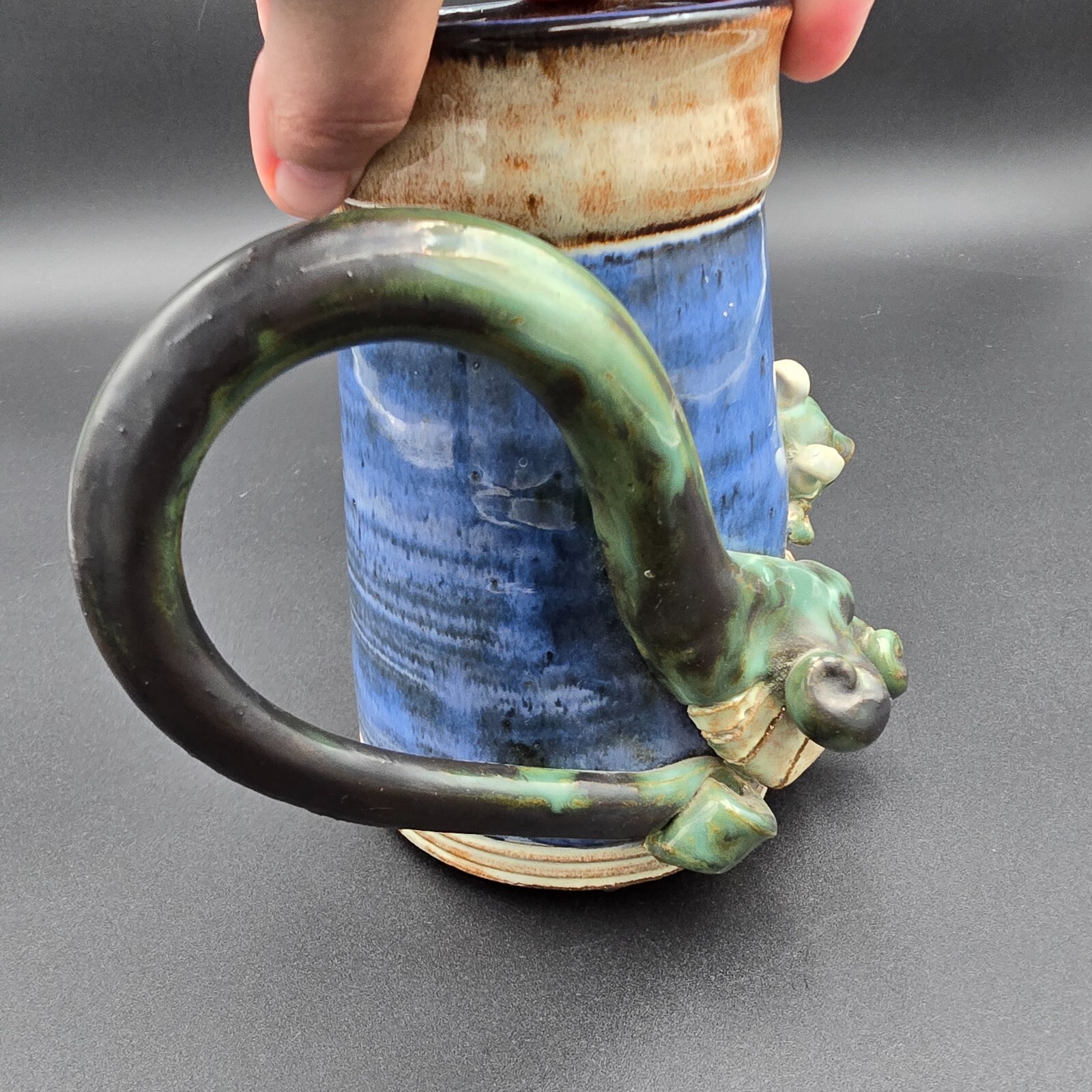 Studio Art Pottery Dragon Mug Stein Cup Large Artist Signed CM HR 7" tall