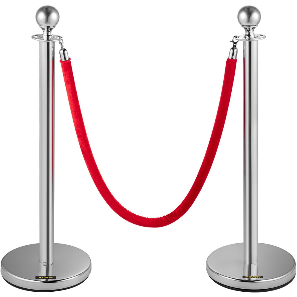 4PCS Stanchion Posts Silver Queue Pole with 3 Velvet Ropes Crowd Control Barrier