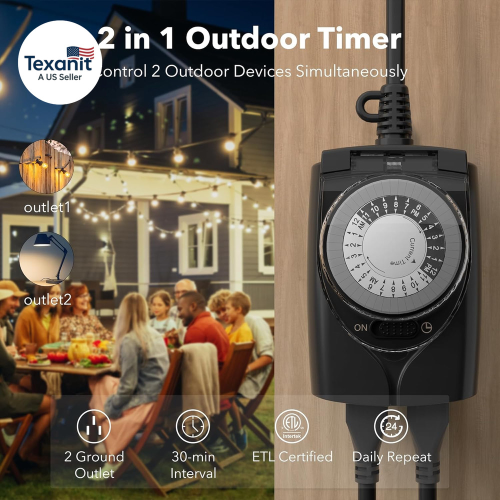 Outdoor Timer Outlet Waterproof, 24 Hour Mechanical Light Timers for Electrical