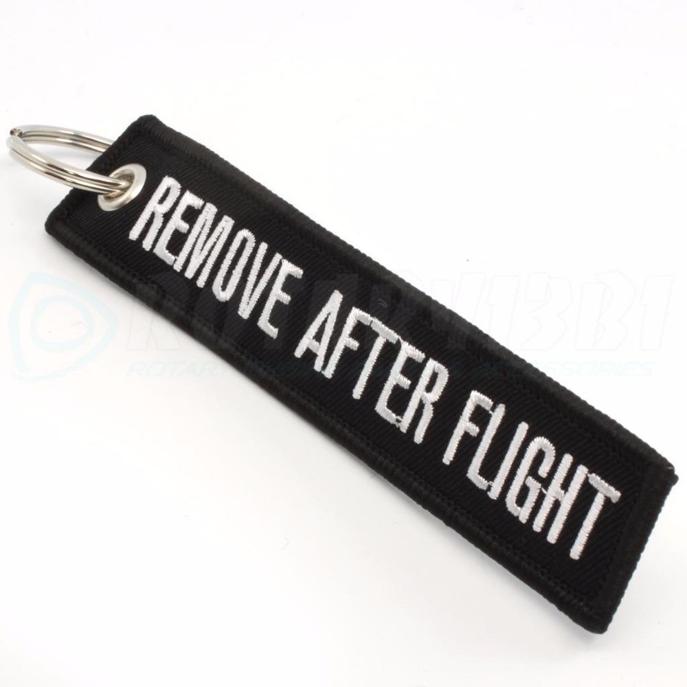 REMOVE AFTER FLIGHT KEYCHAIN QTY= 1 PC BLACK/white TAGS FLAGS PILOT CREW