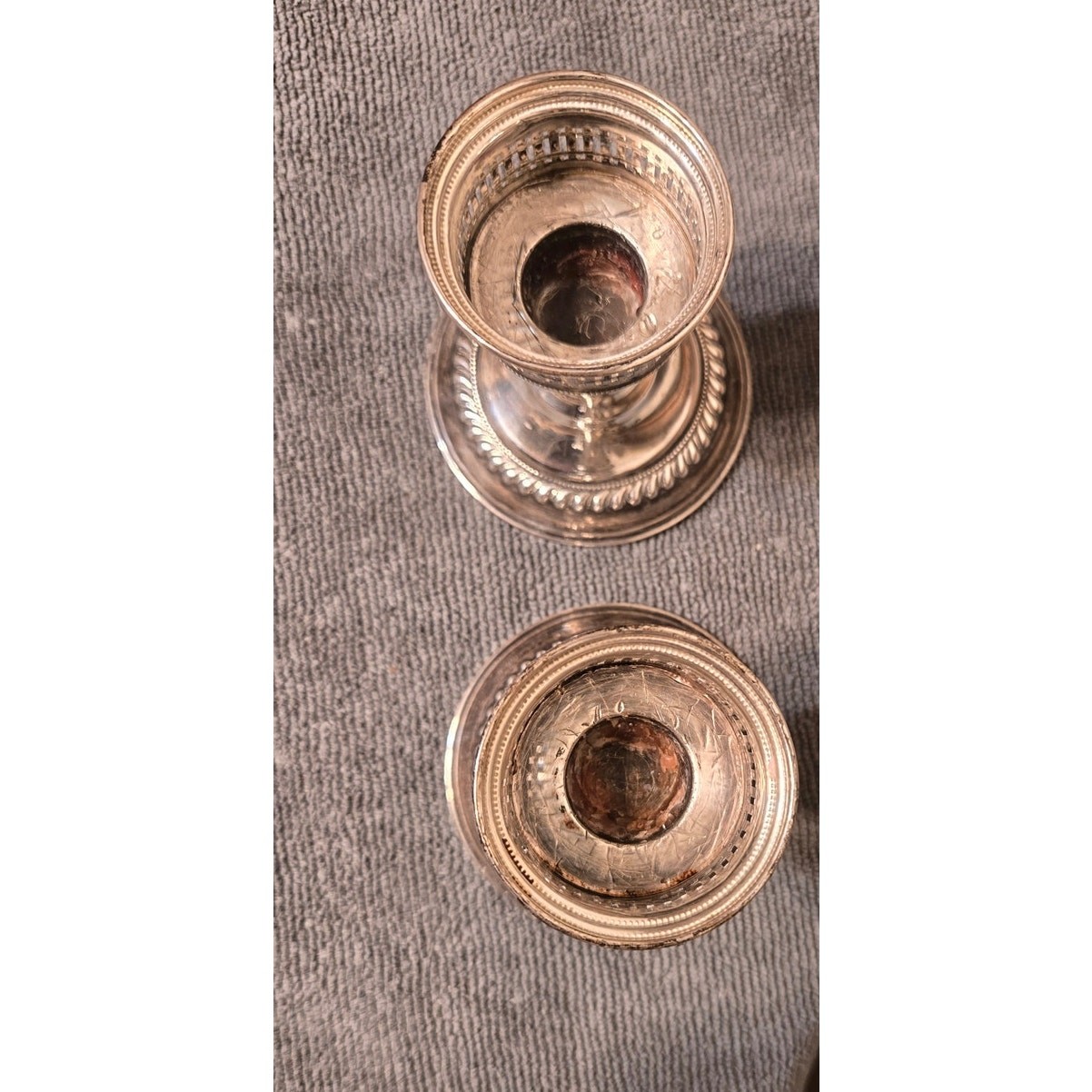 Pr Sterling Silver Hurricane Candleholders w Etched Crimped Shades