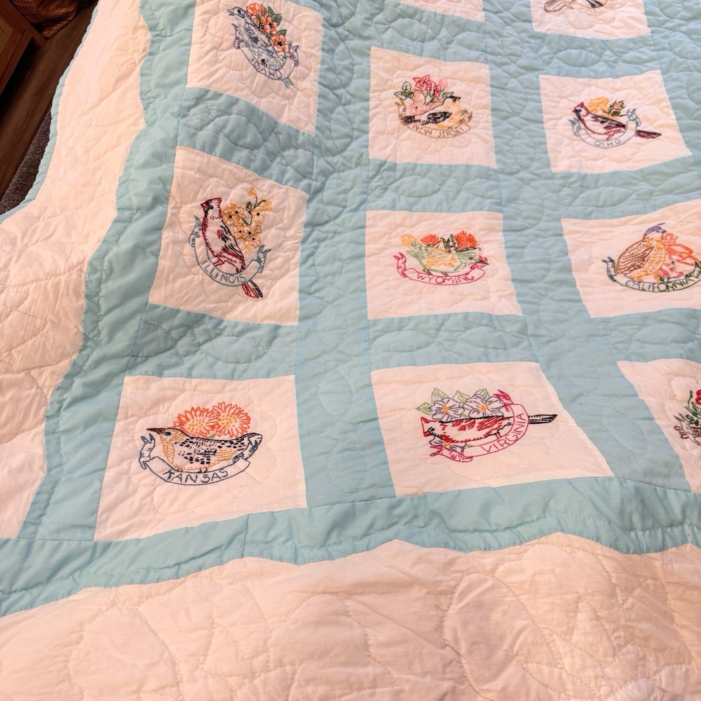 Vintage Handmade State Bird Quilt Blue White Embroidered Patchwork