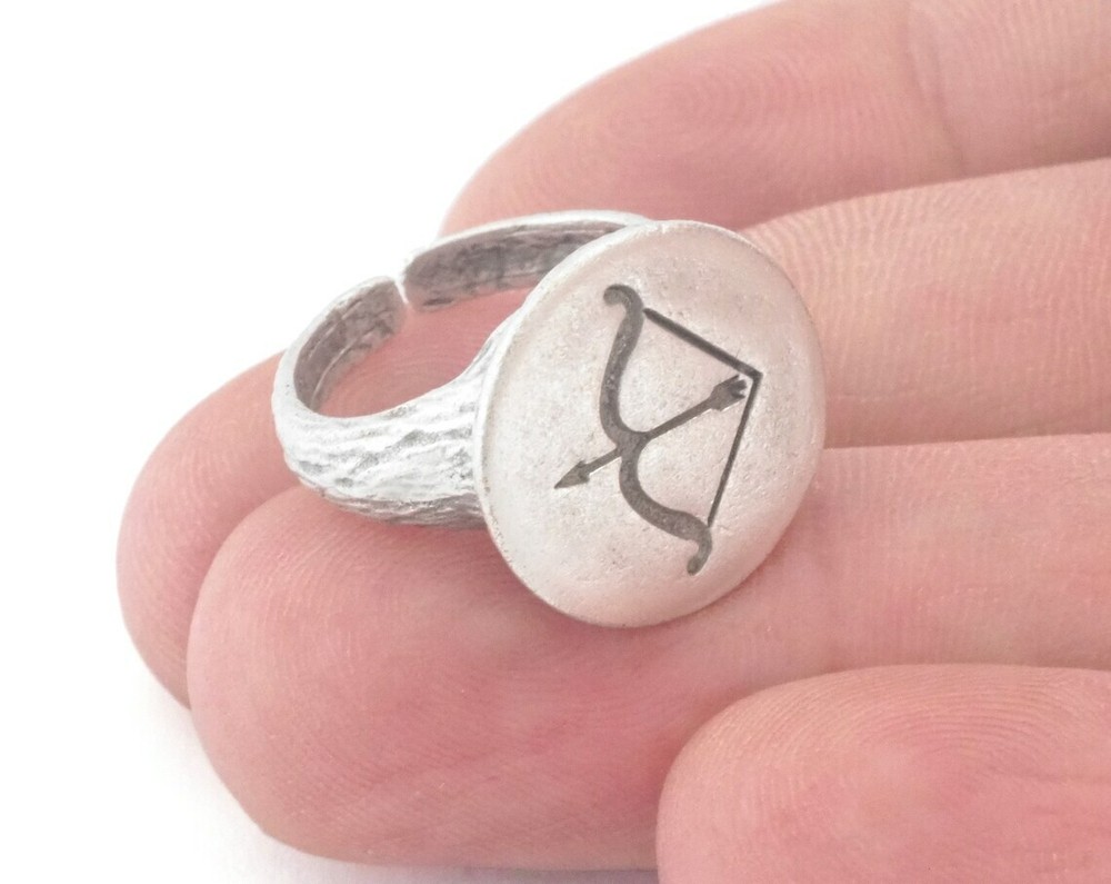 Bow Sagittarius Horoscope Bark Textured Adjustable Ring Silver plated brass 4861
