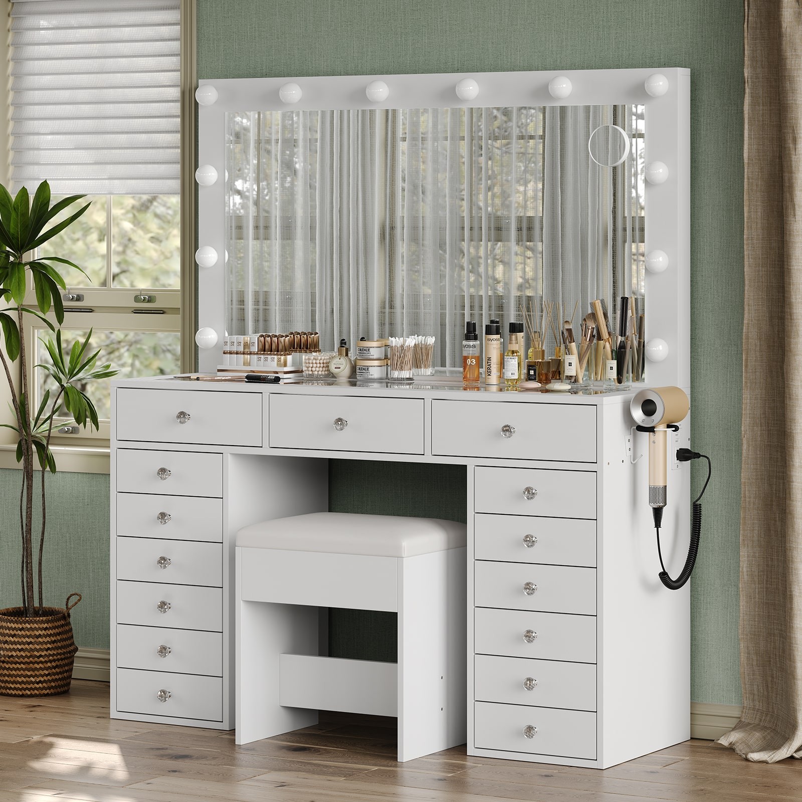 Makeup Vanity with Charging Station, 15 Drawers, HD Mirror, 12 LED Lights